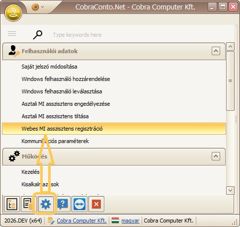 A CobraConto.Net menüje, benne kijelölve a Cobra Connect regisztrációt indító menüpont.
